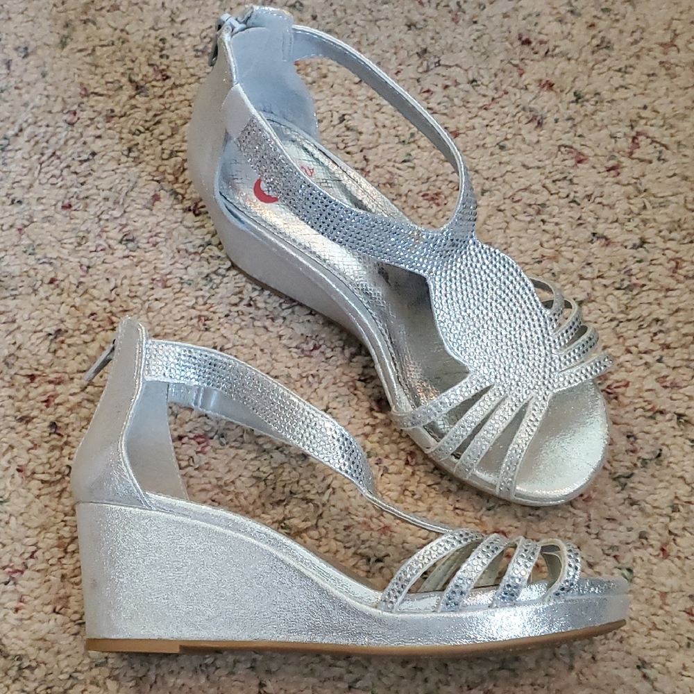 GB Girls Silver Rhinestone T-Strap Wedge Sandals